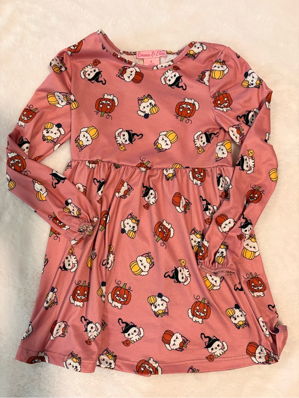 Emma & Ollie Pink Pumpkin & Kitten Long Sleeve Dress for Kids